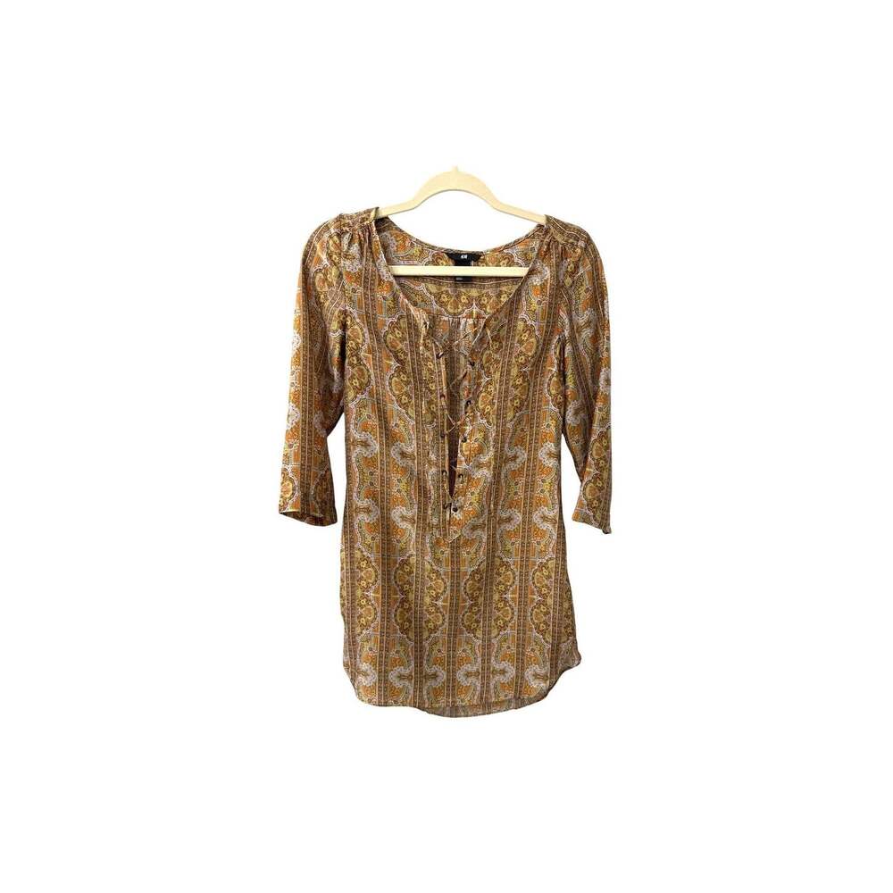 H&M Paisley Boho Beach Festival Scandie Lace 3/4 Sleeve Dress Tunic Size 2